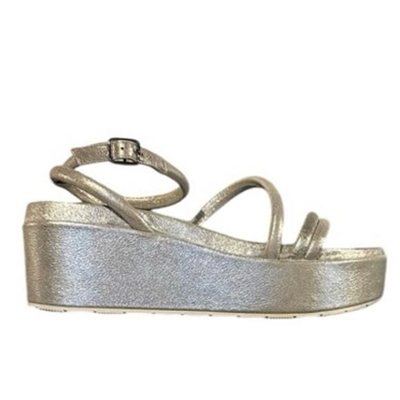 NEW J/SLIDES Quilt Platform Wedge Sandal in Silver Metallic Leather Womens 9 - Picture 6 of 12